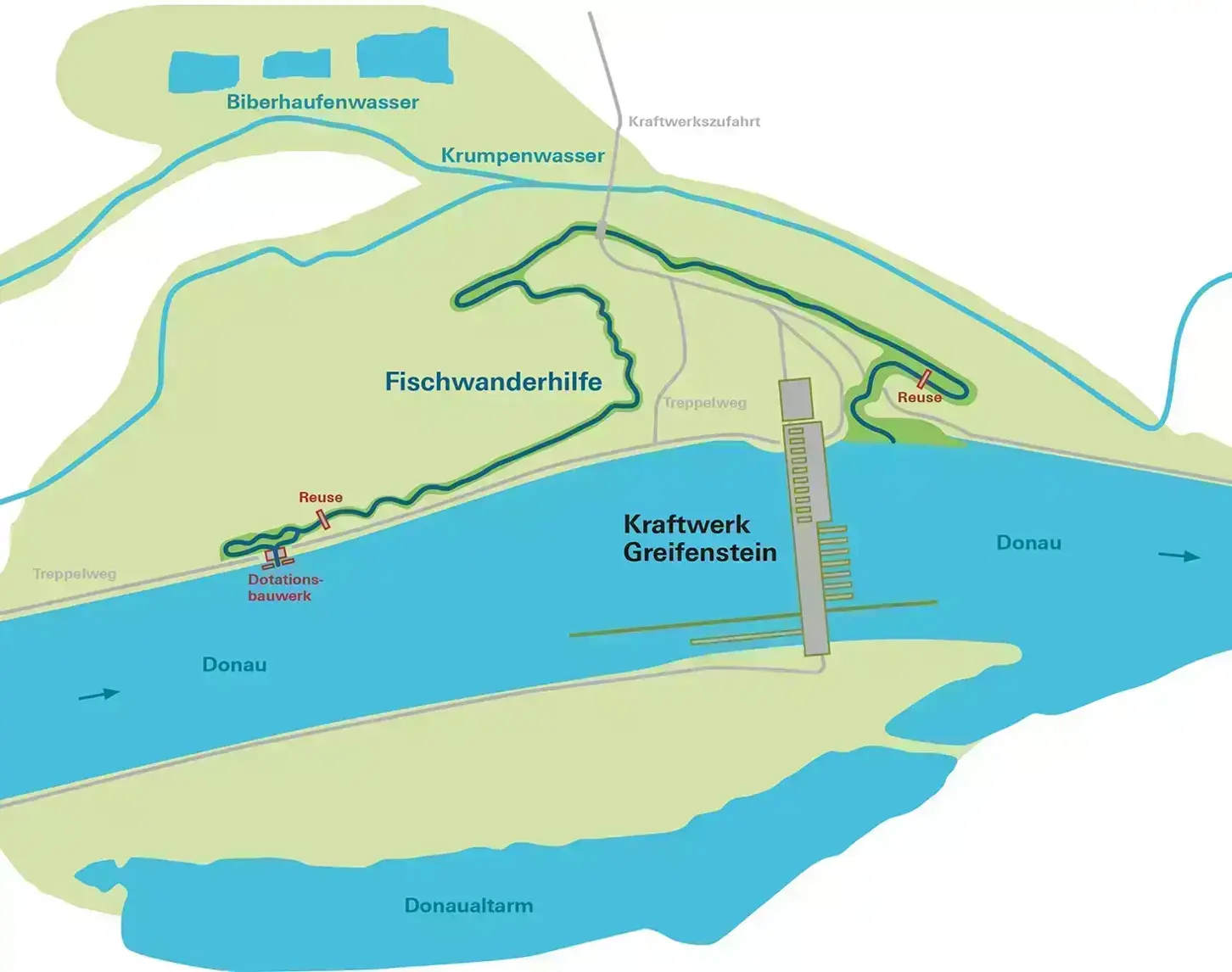 Die Karte zeigt rudimentär den Ausschnitt rund um die Fischwanderhilfe beim Kraftwerk Greifenstein.